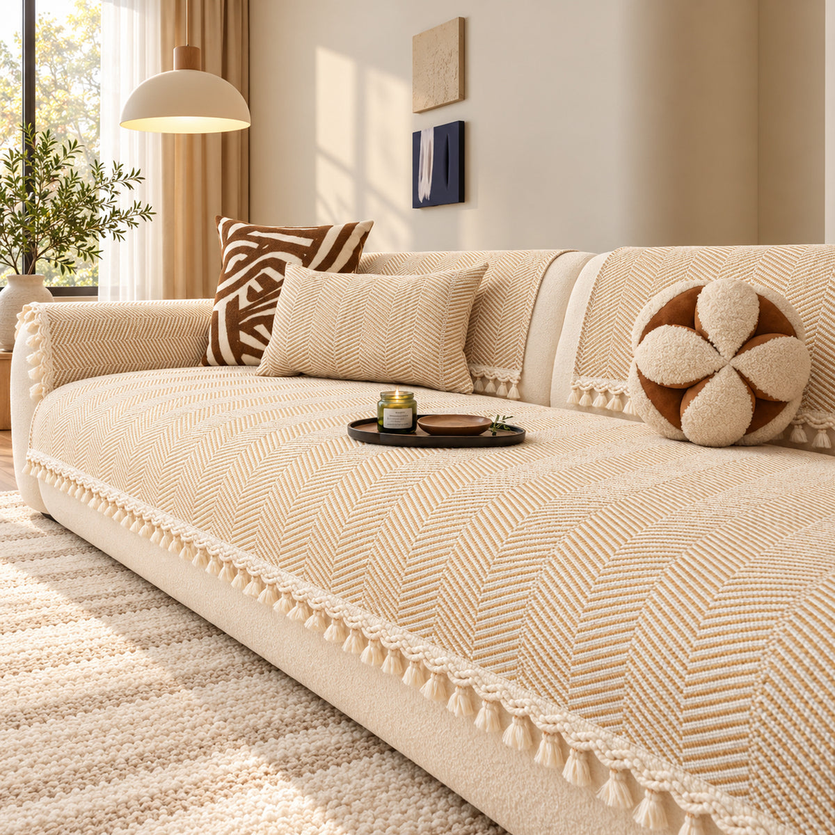 Chevron Cotton-Linen Sofa Cover | Non-Slip Sofa Protector with Tassels