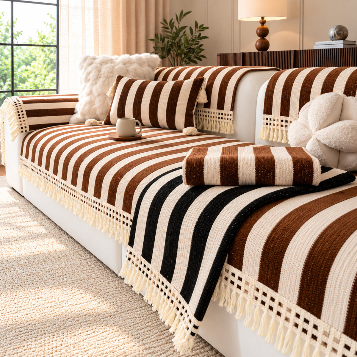 Chenille Sofa Cover | Non-Slip & Machine-Washable | Sofa Protector with Stripes and Fringe