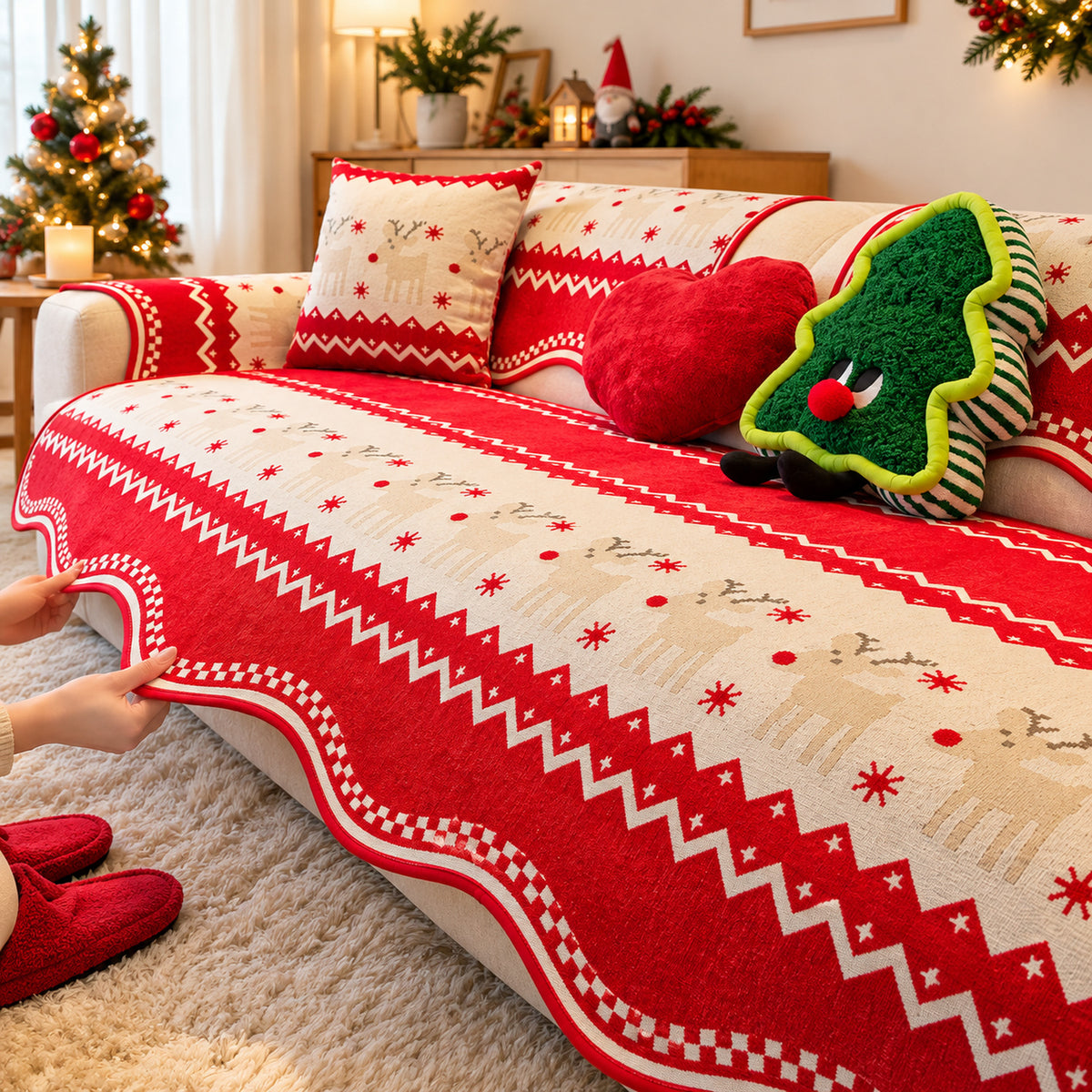 Christmas Sofa Cover | Reindeer Pattern | Non-Slip & Machine Washable