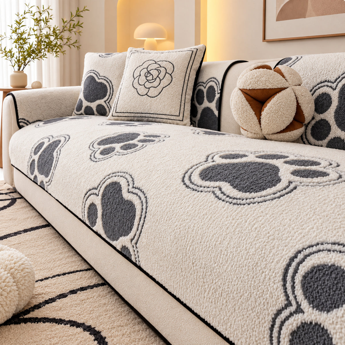 Sofa Cover | Plush Paw-Print Sofa Protector | Non-Slip & Machine Washable
