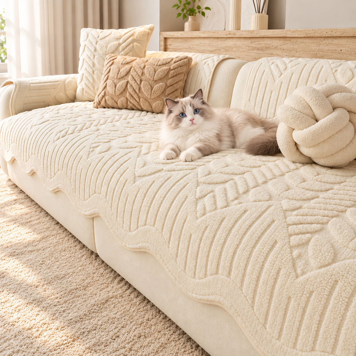 Leaf-Pattern Soft Fleece Sofa Cover | Non-Slip & Machine Washable