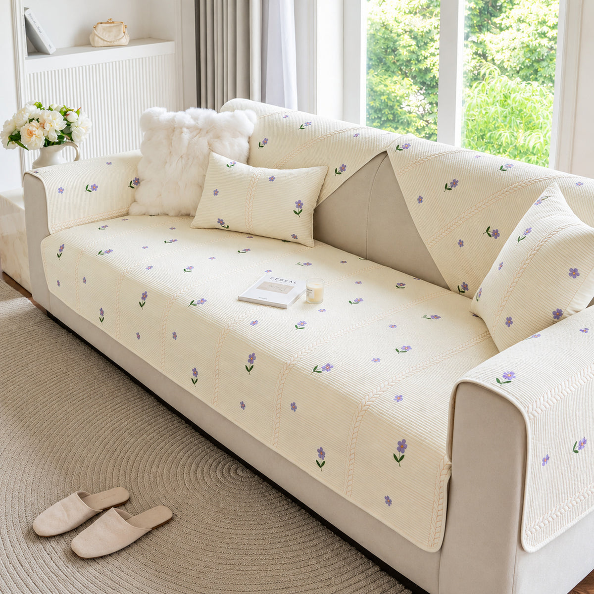 Floral Cotton Sofa Cover | Non-Slip Washable | Sofa Protector