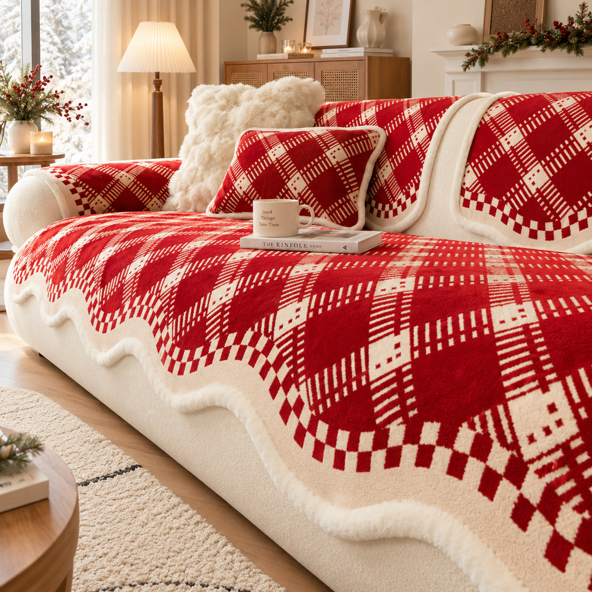 Non-Slip Sofa Cover | Checked Chenille with Plush Edging | Machine Washable