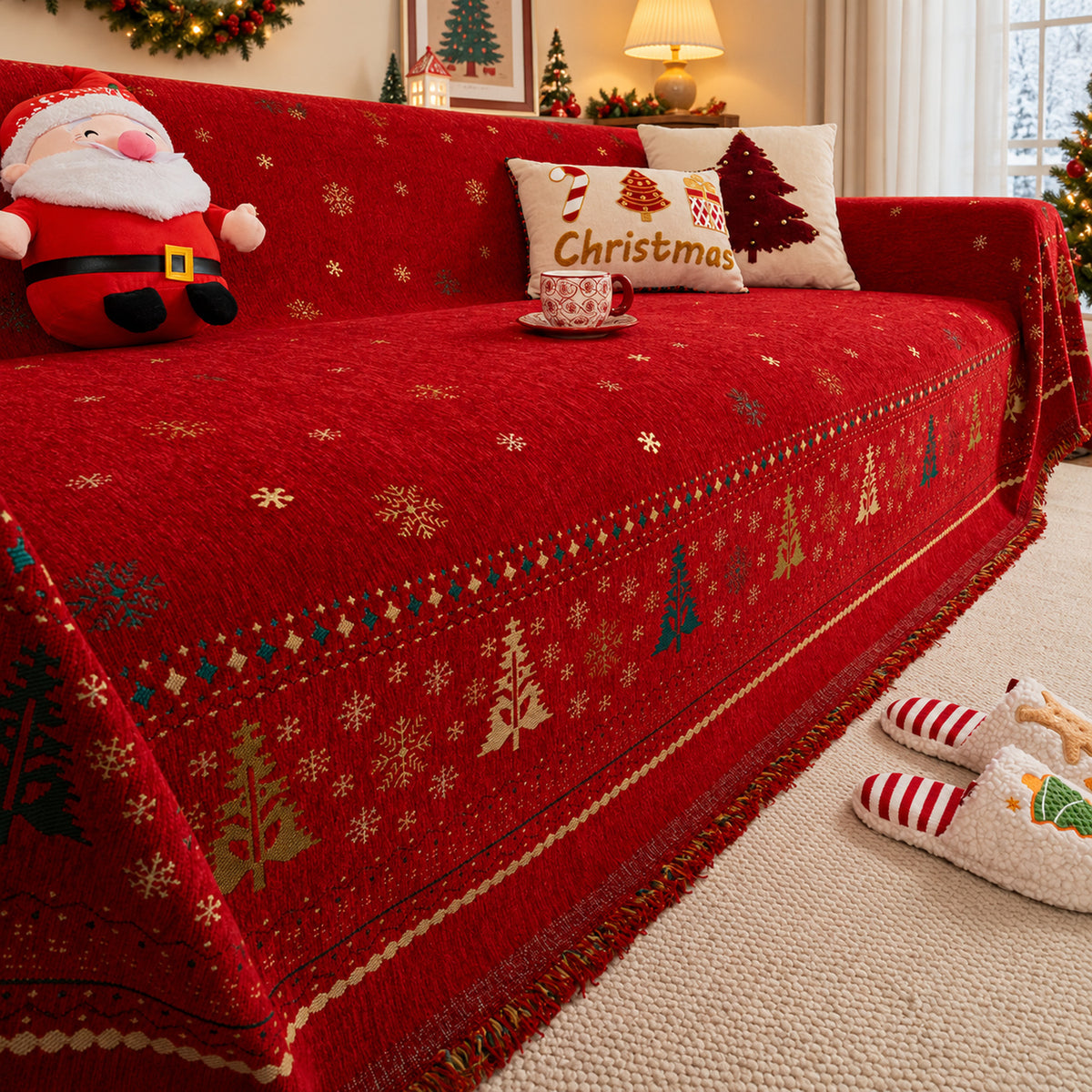 Christmas Sofa Throw | Non-Slip Chenille Sofa Cover | Machine Washable