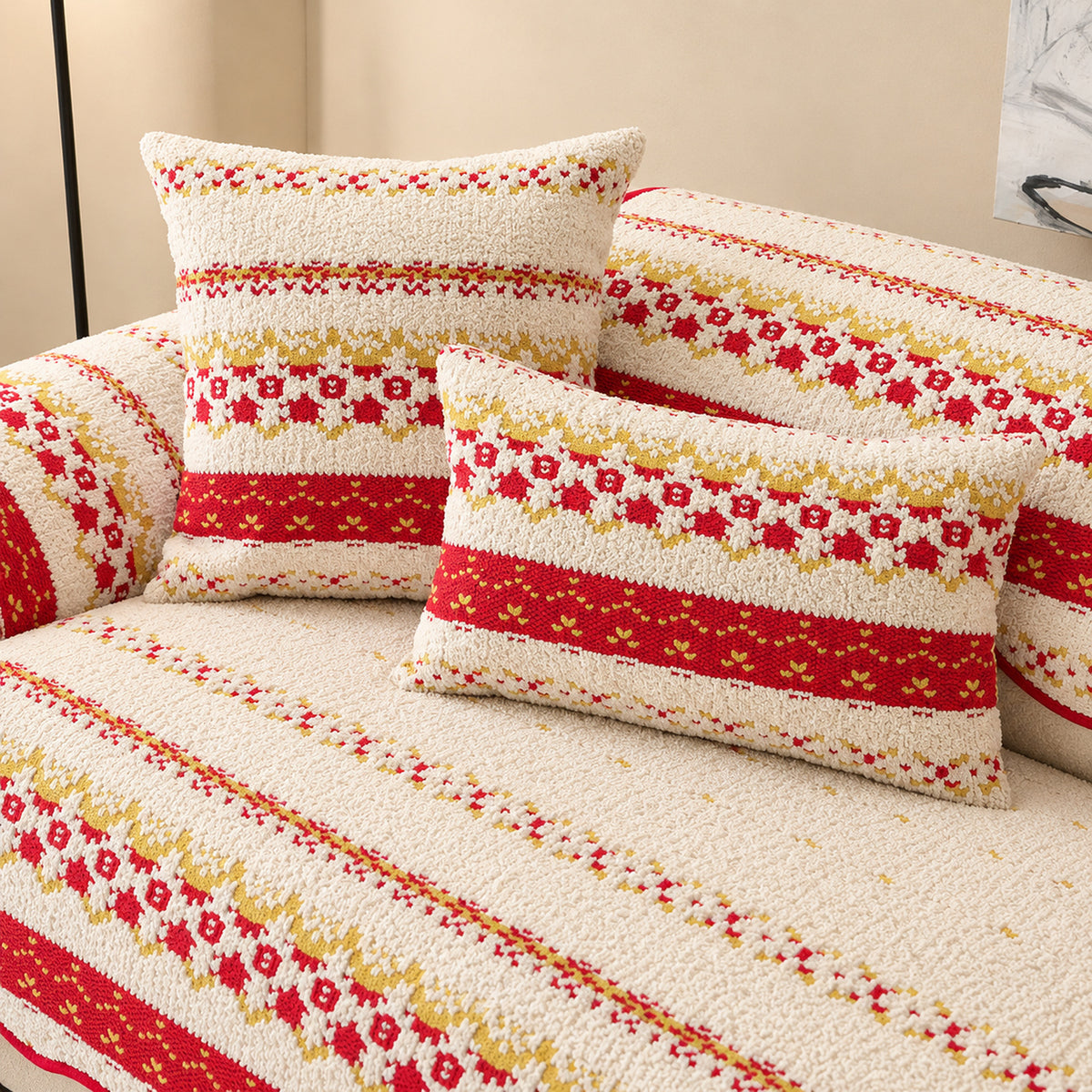 Plush Sofa Cover | Geometric Pattern with Non-Slip Backing