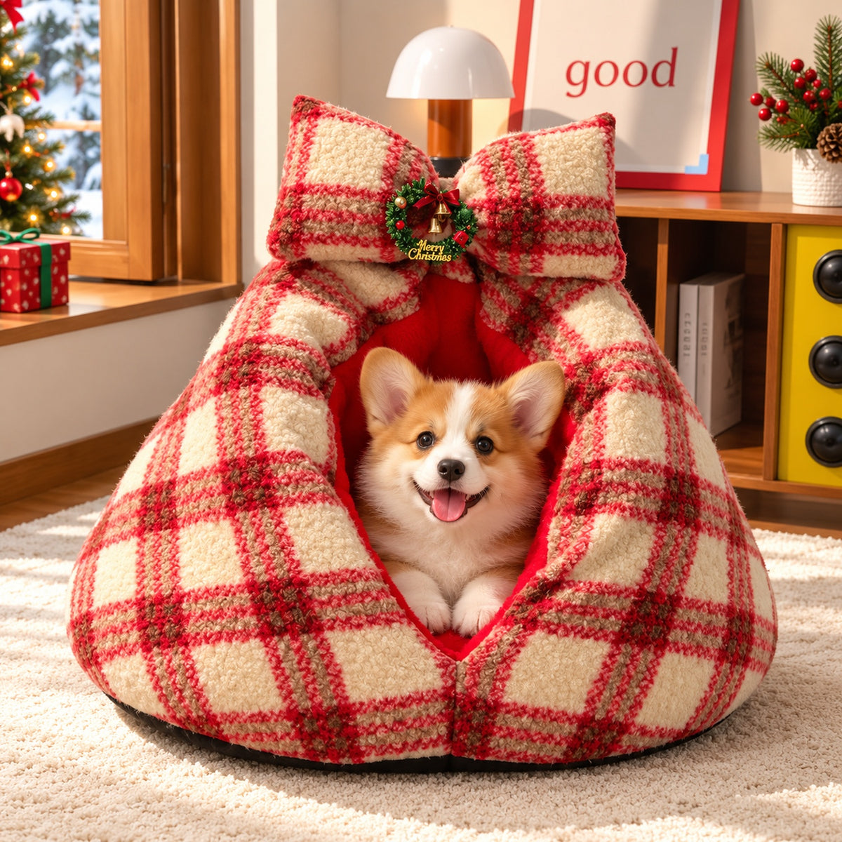 Christmas Dog Bed | Washable Checked Cave for Cat & Dog