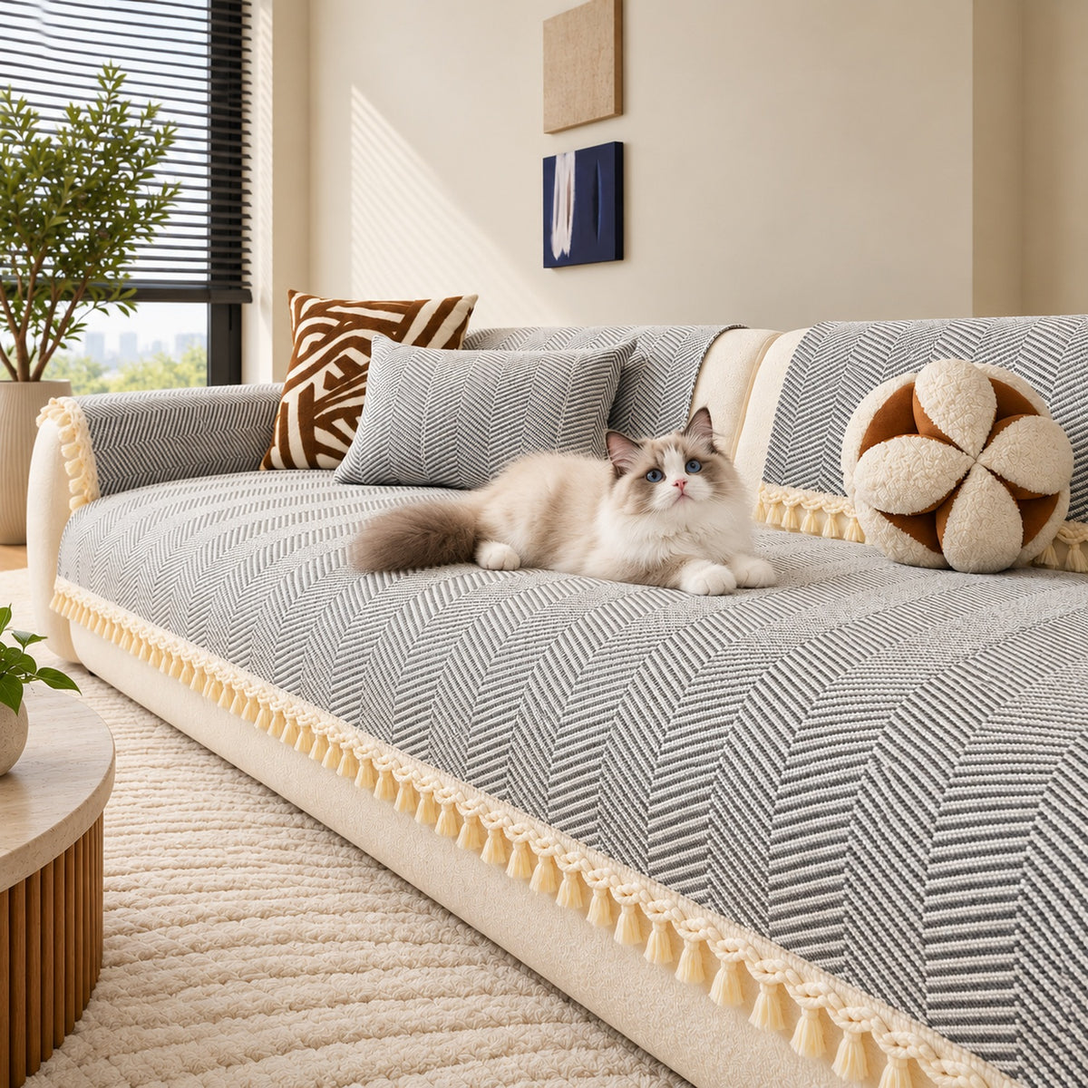 Chevron Cotton-Linen Sofa Cover | Non-Slip Sofa Protector with Tassels