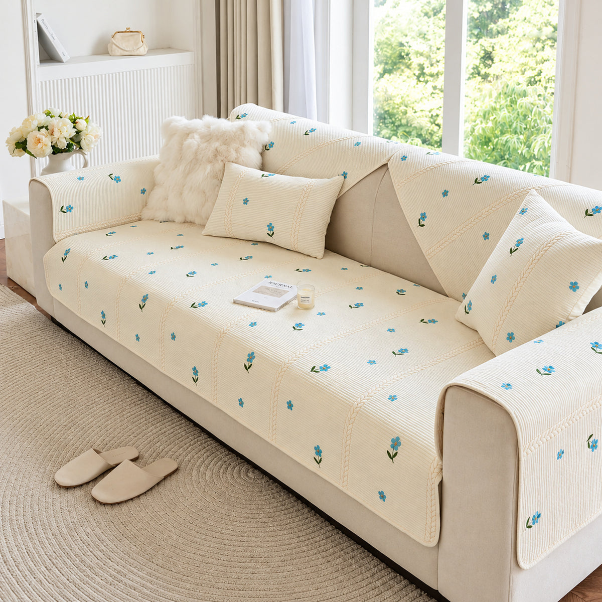 Floral Cotton Sofa Cover | Non-Slip Washable | Sofa Protector