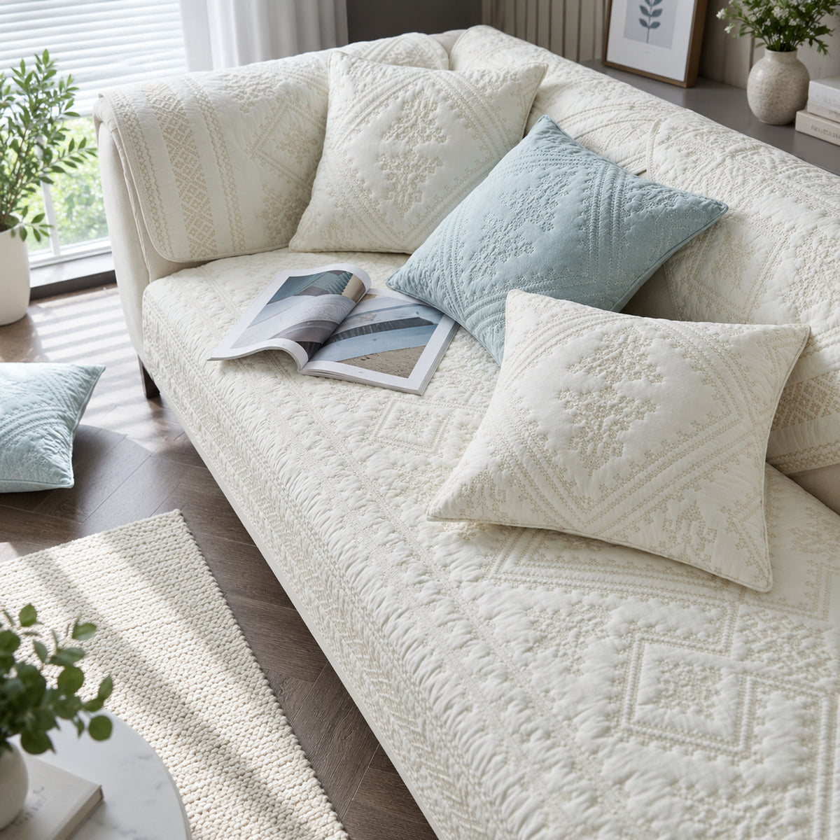 Diamond Sofa Cover | 100% Washed Cotton | Non-Slip & Washable