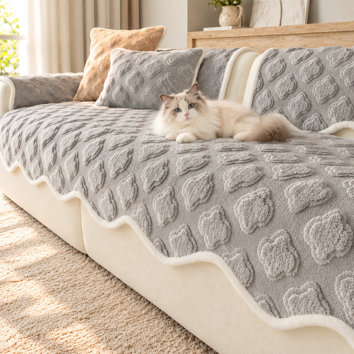 Plush Sofa Cover | Raised Floral Pattern, Non-Slip & Machine Washable