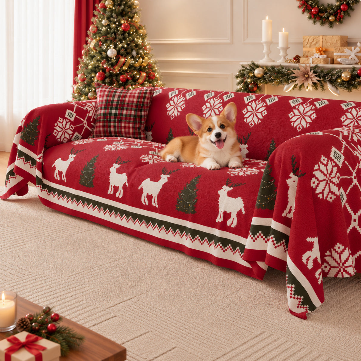 Christmas Sofa Throw | Washable Linen Sofa Cover | Reindeer Pattern