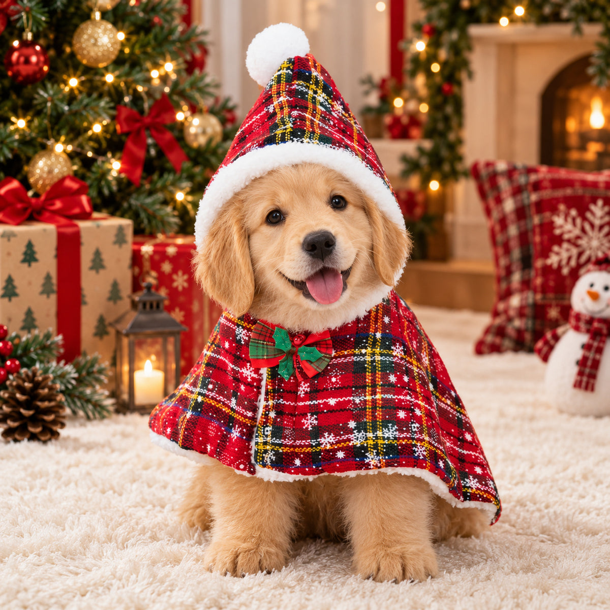 Christmas Dog Outfit | Fleece-Lined Tartan Cape for Dogs & Cats