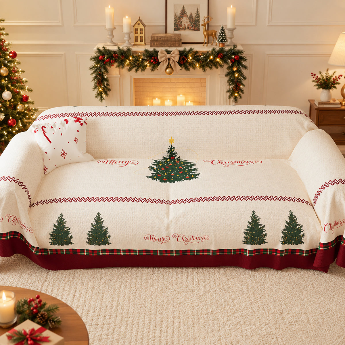 Christmas Sofa Throw | Washable Linen Sofa Cover with Christmas Tree Pattern
