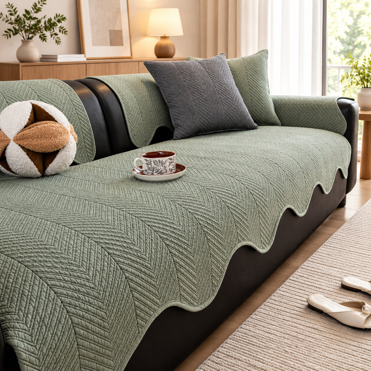 Cotton Herringbone Sofa Cover | Non-Slip Sofa Protector | Machine Washable