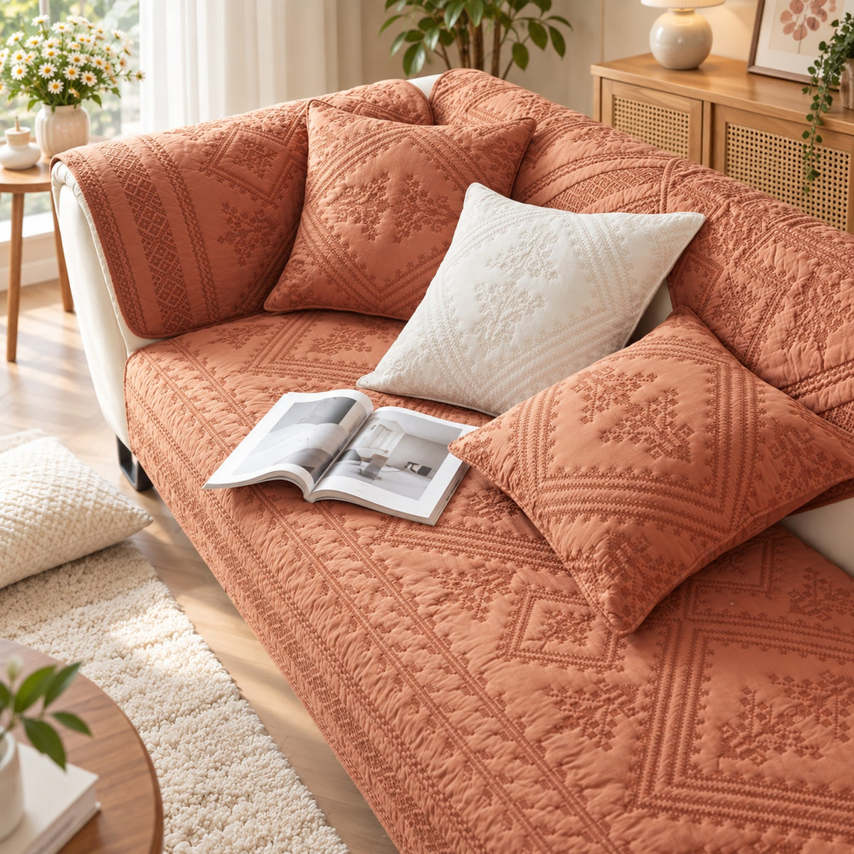 Diamond Sofa Cover | 100% Washed Cotton | Non-Slip & Washable