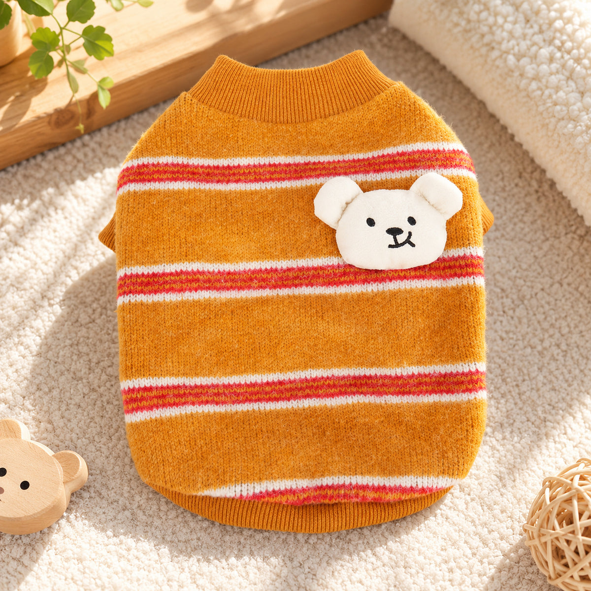 Dog Jumper with Bear Patch | Cosy Striped Winter Sweater