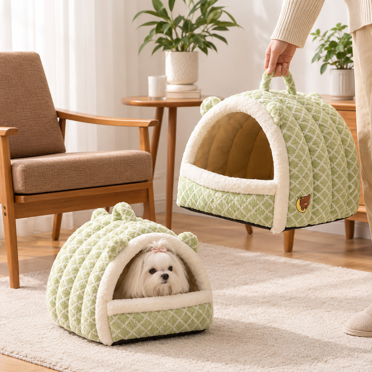Dog Bed & Cat Bed | Warm Fleece Cave with Fold-Down Front
