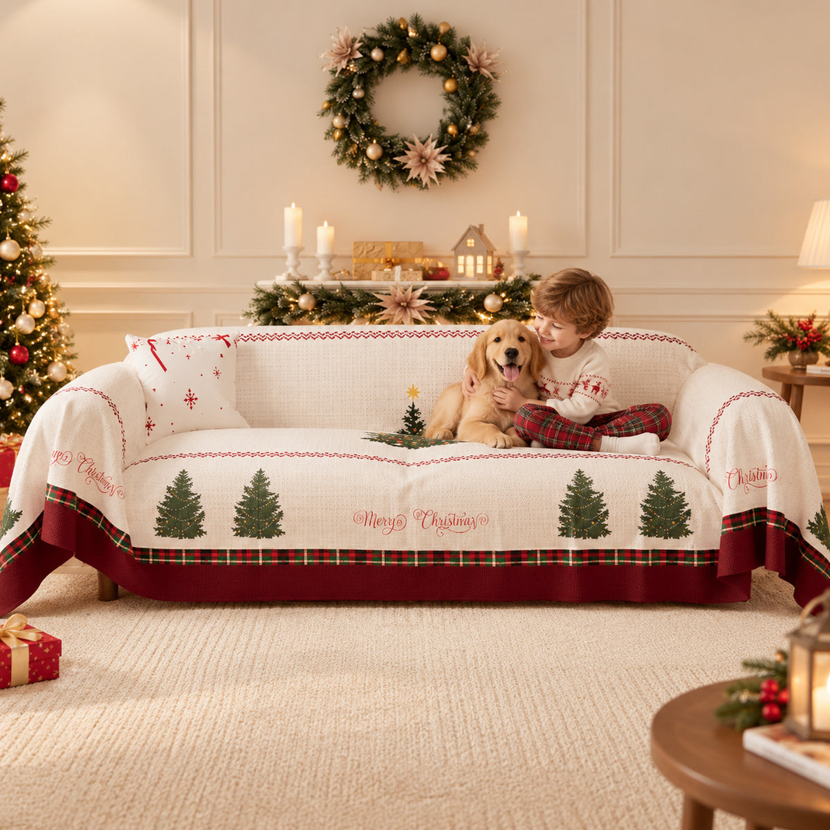 Christmas Sofa Throw | Washable Linen Sofa Cover with Christmas Tree Pattern