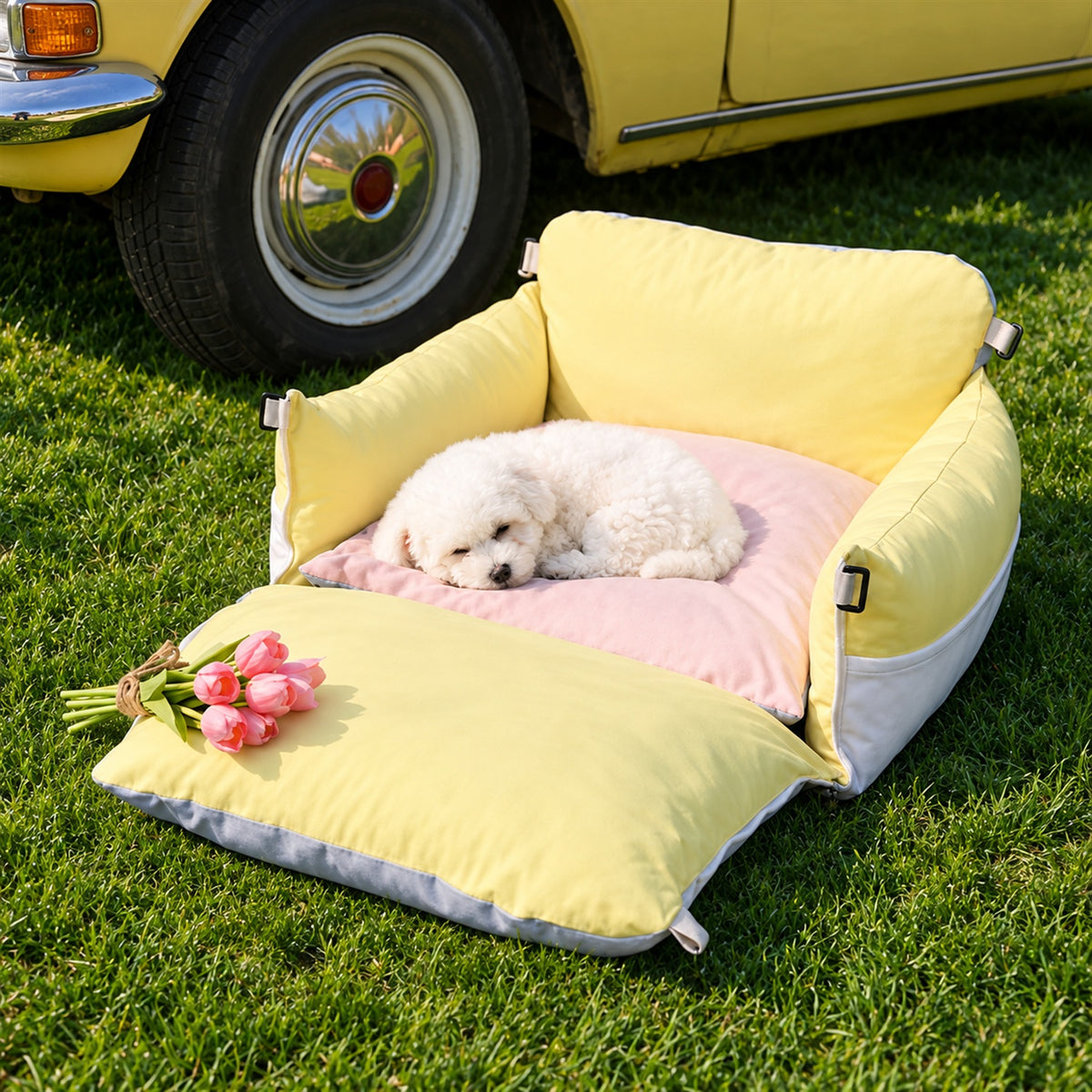Pet Car Seat & Bed with Side Pockets & Washable Covers