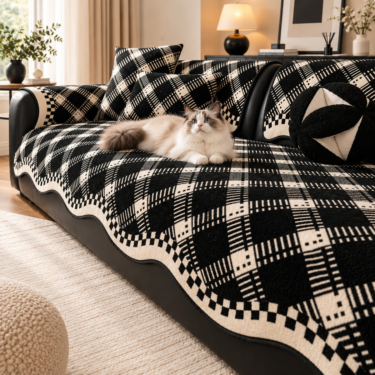 Non-Slip Sofa Cover | Checked Chenille with Plush Edging | Machine Washable