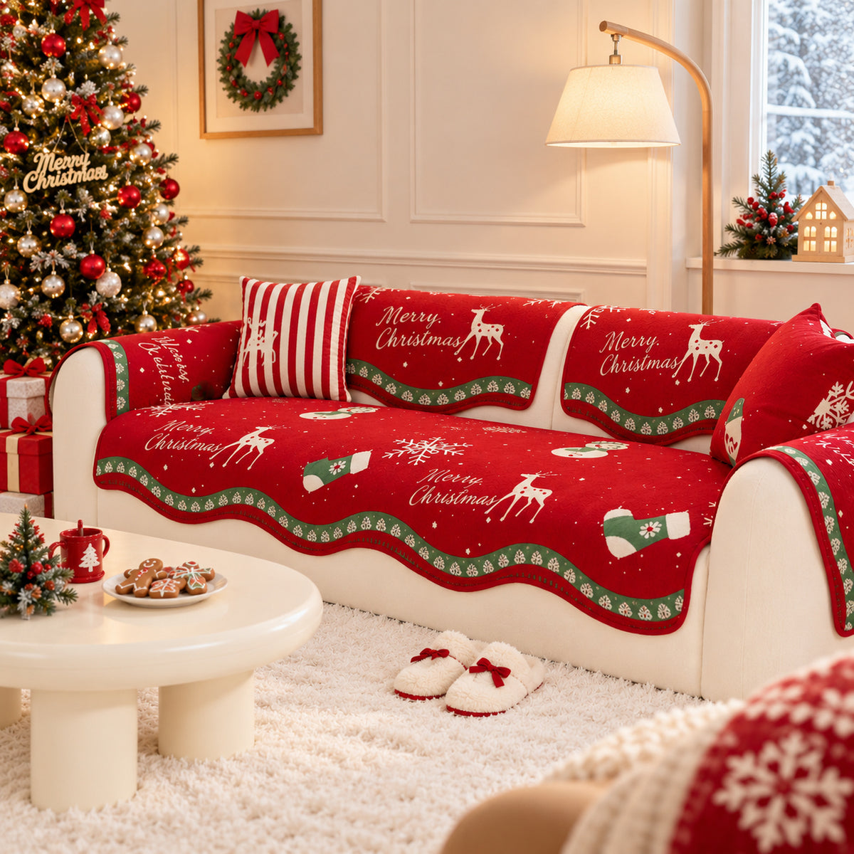 Christmas Sofa Cover | Red Chenille | Non-Slip & Washable