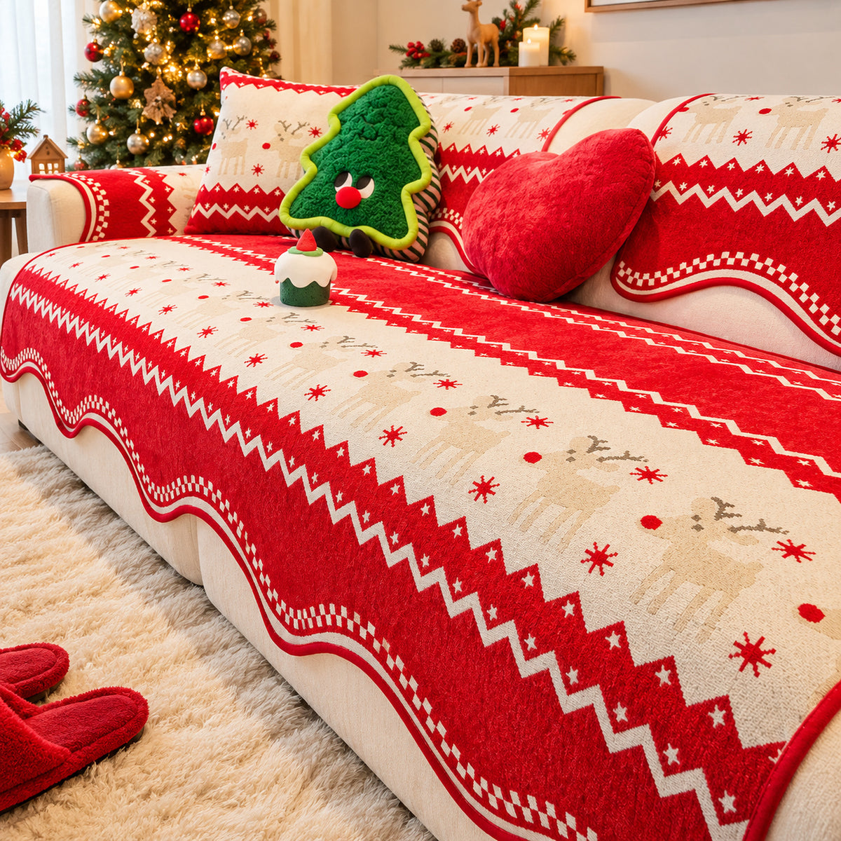 Christmas Sofa Cover | Reindeer Pattern | Non-Slip & Machine Washable