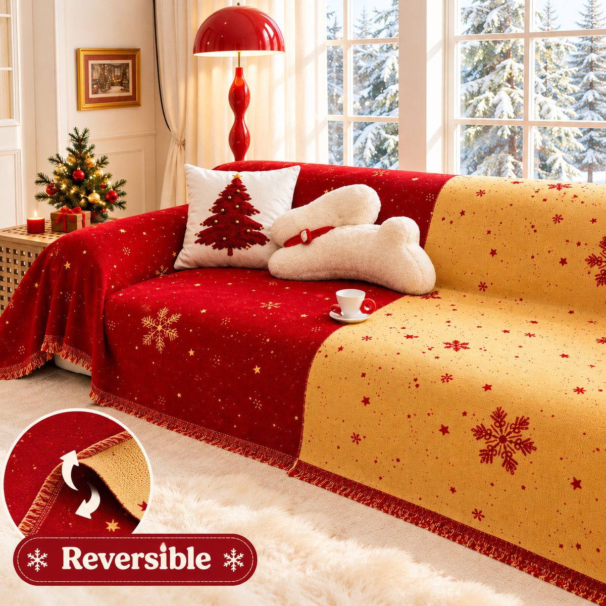 Christmas Sofa Throw | Red Snowflake Sofa Cover with Fringed Edge
