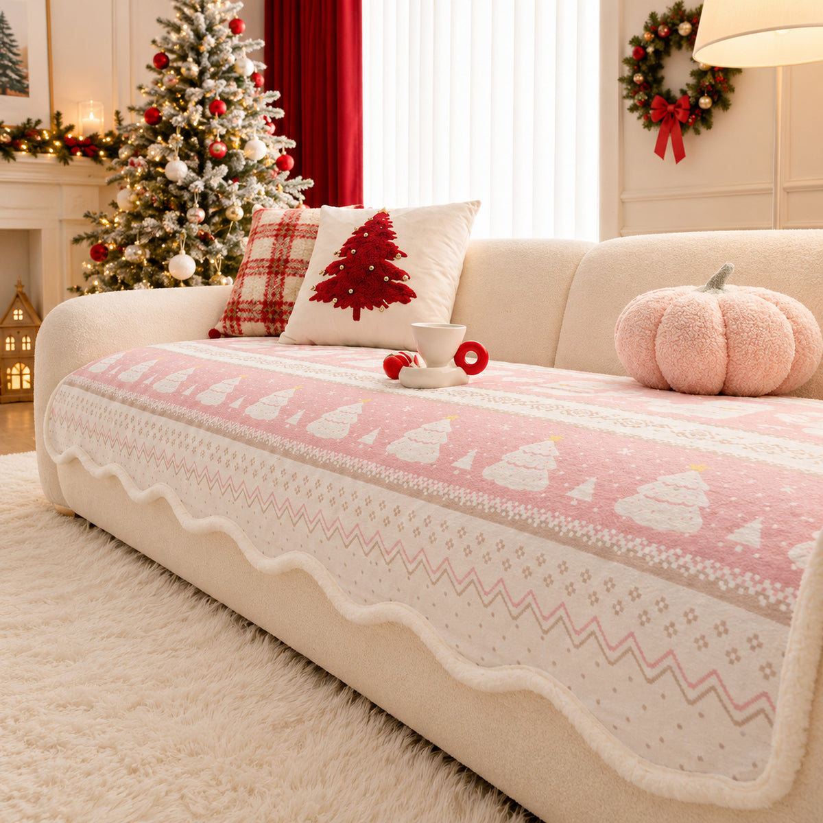 Christmas Sofa Cover | Plush, Non-Slip & Machine Washable | Pastel Winter