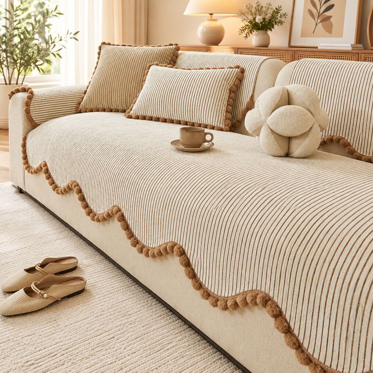 Sofa Cover | Chenille Sofa Protector | Non-Slip Cat-Scratch Resistant | Pom-Pom Trim