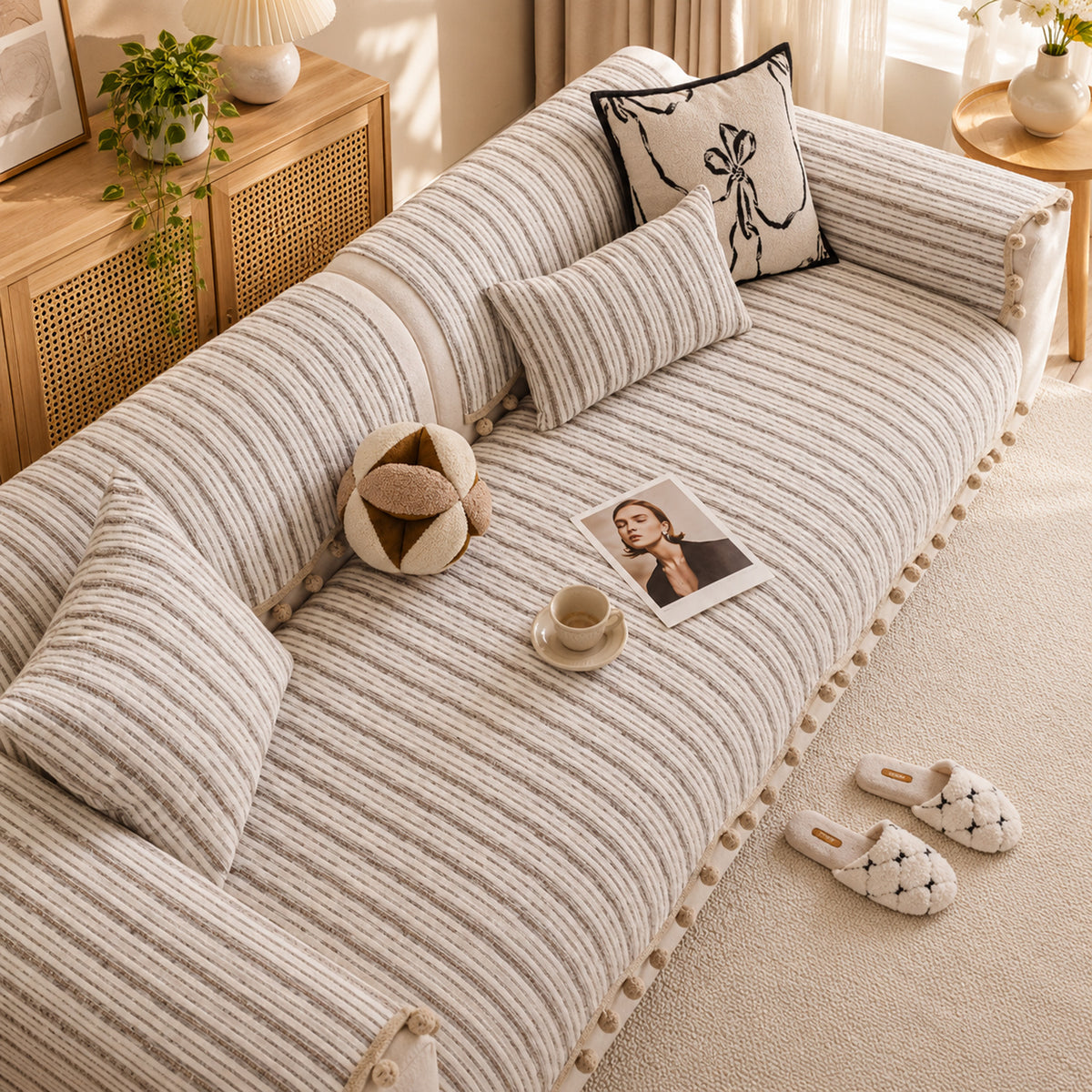 Striped Chenille Sofa Cover | Cat-Scratch-Resistant Sofa Protector | Washable & Non-Slip