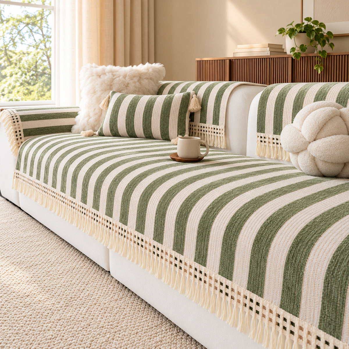 Chenille Sofa Cover | Non-Slip & Machine-Washable | Sofa Protector with Stripes and Fringe