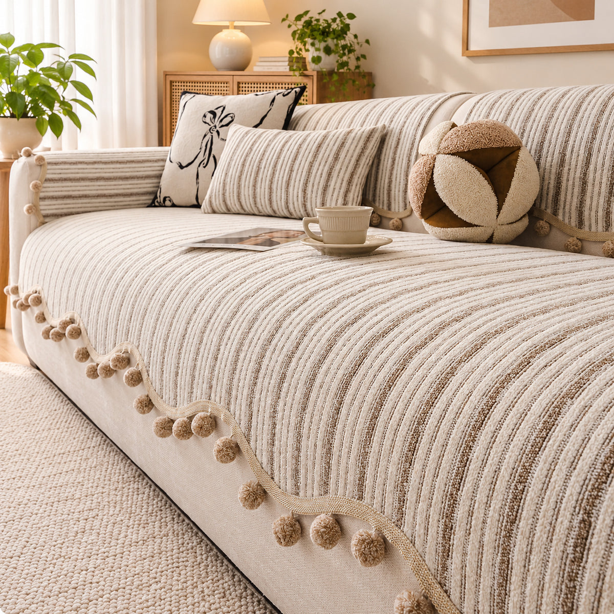 Striped Chenille Sofa Cover | Cat-Scratch-Resistant Sofa Protector | Washable & Non-Slip