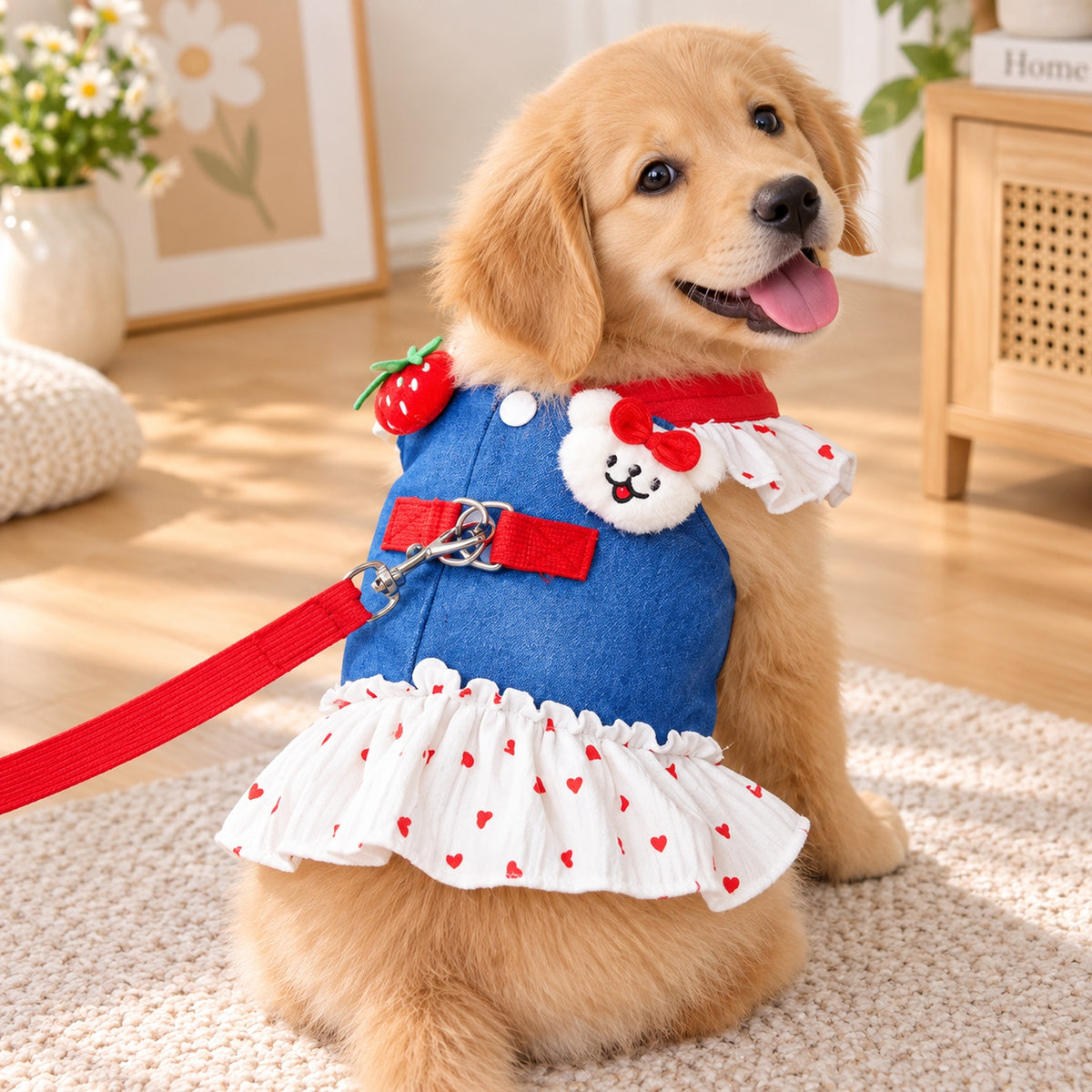 Dog Harness Dress with Matching Dog Lead | Washable Denim-Look Design with Ruffled Skirt