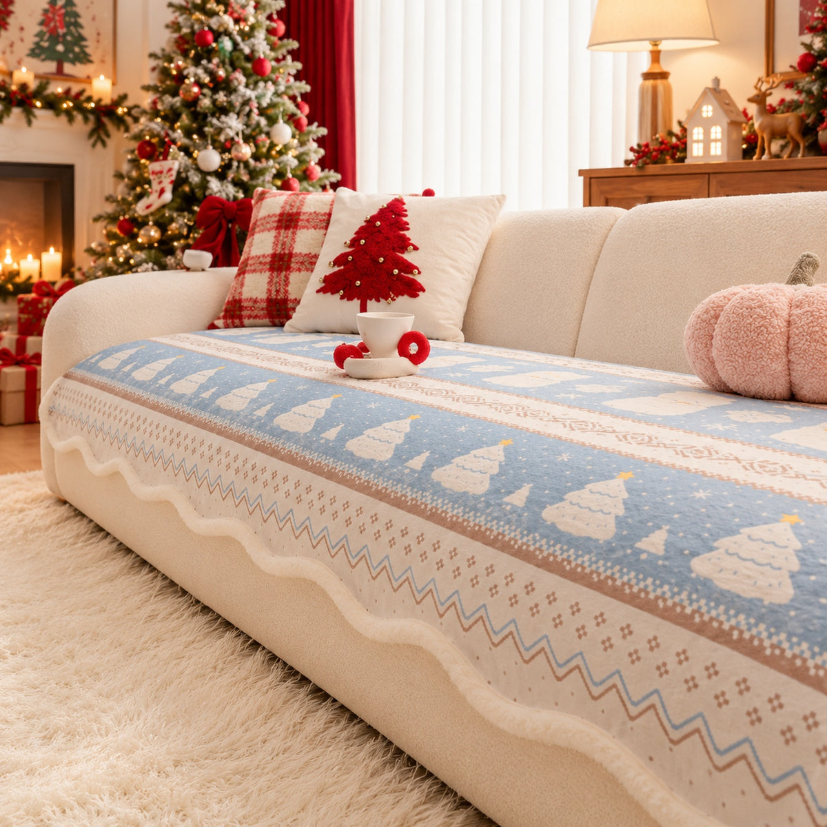 Christmas Sofa Cover | Plush, Non-Slip & Machine Washable | Pastel Winter