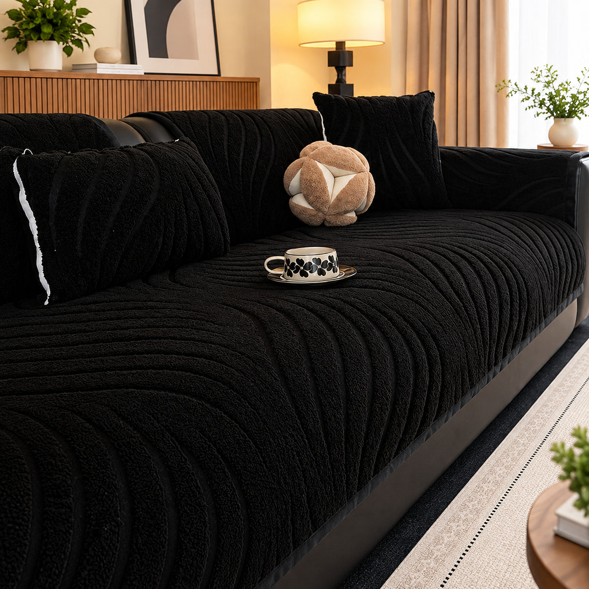 Ribbed Plush Sofa Cover | Non-Slip | Machine-Washable Sofa Protector