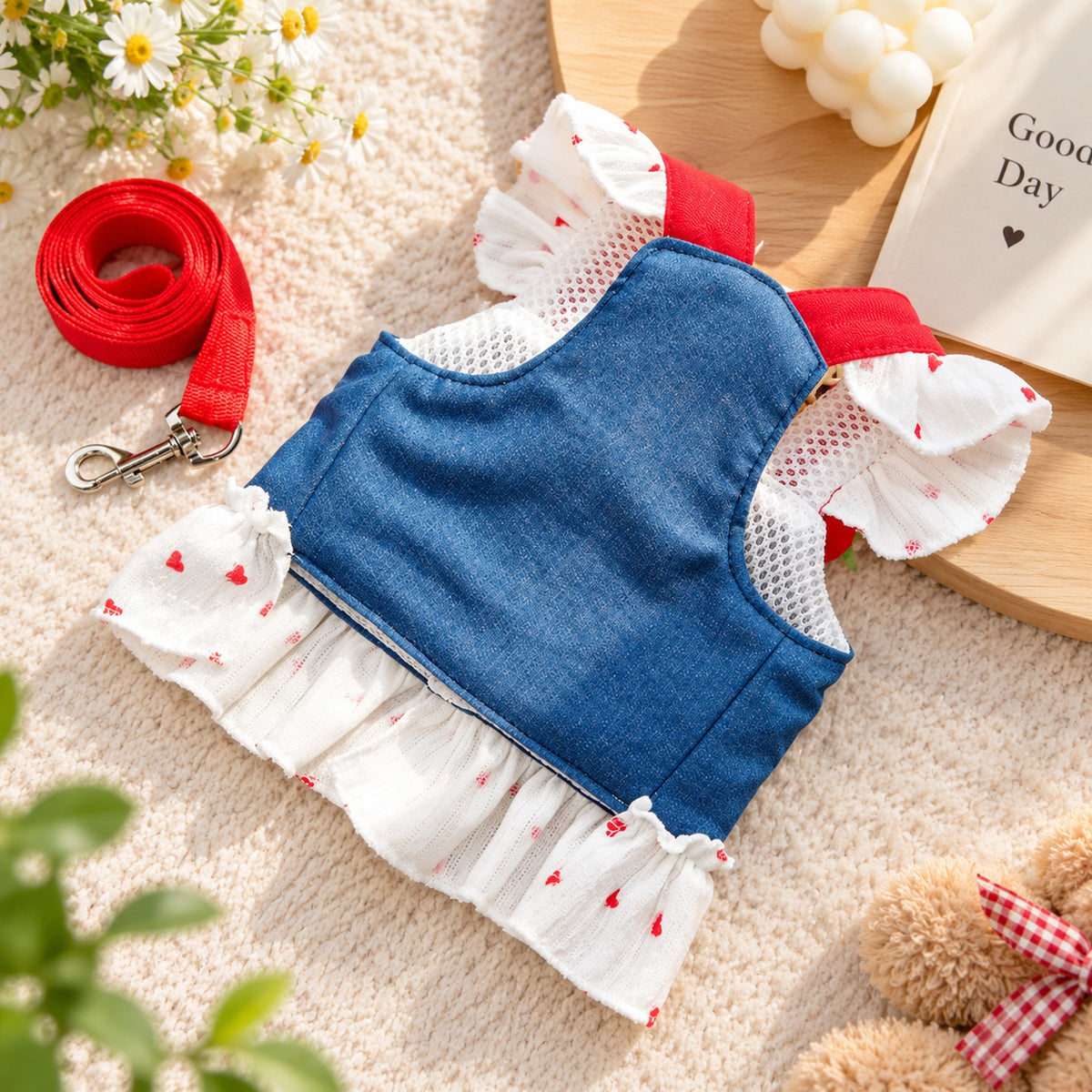 Dog Harness Dress with Matching Dog Lead | Washable Denim-Look Design with Ruffled Skirt