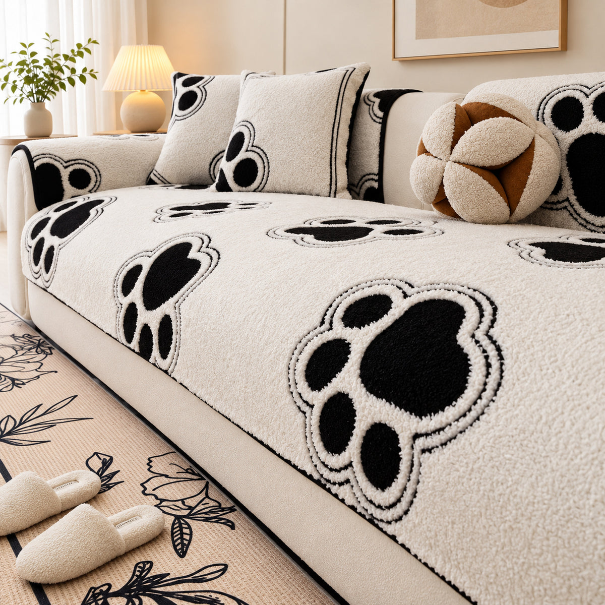 Sofa Cover | Plush Paw-Print Sofa Protector | Non-Slip & Machine Washable