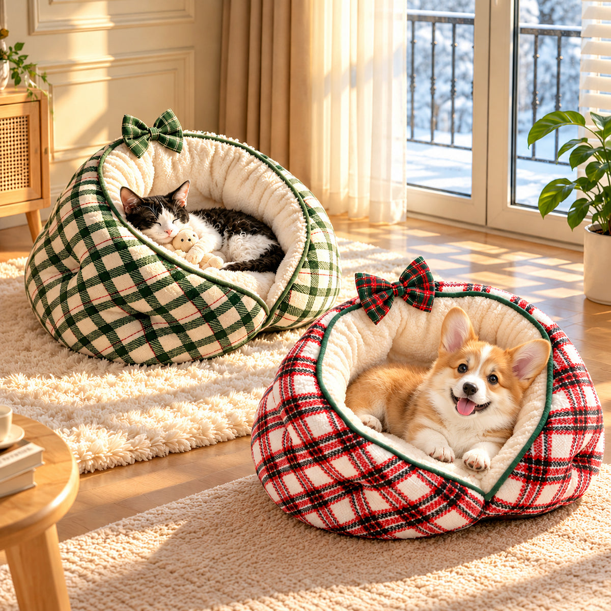 Dog Bed & Cat Bed | Round Checked Flannel with Non-Slip Base