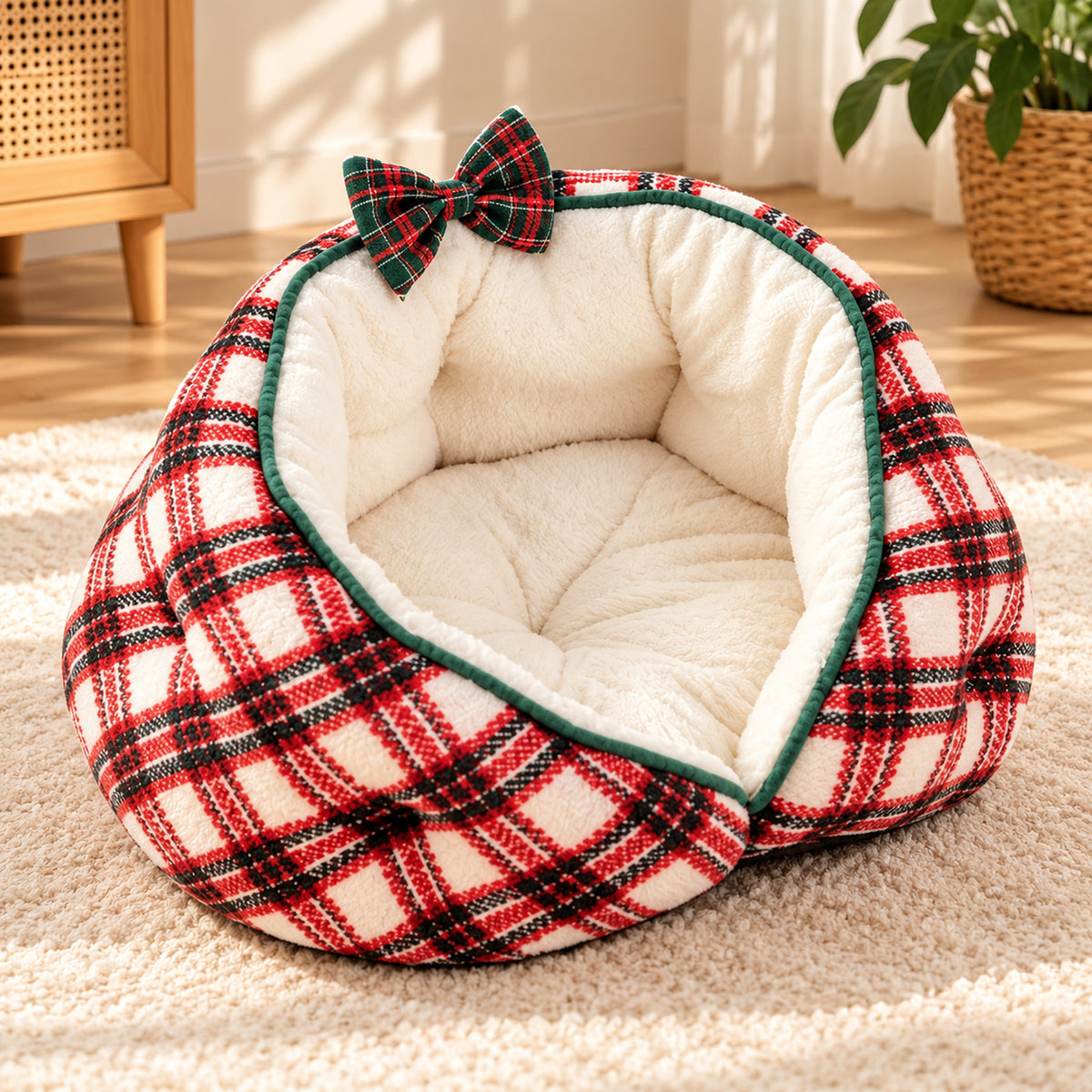 Dog Bed & Cat Bed | Round Checked Flannel with Non-Slip Base