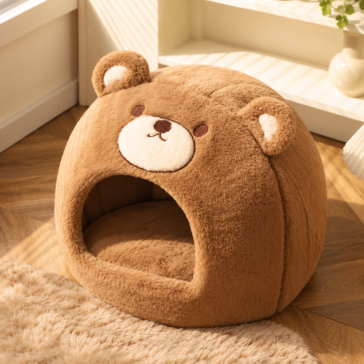 Dog Bed & Cat Bed | Bear-Shaped Plush Cave for Cats & Small Dogs | Warm & Washable