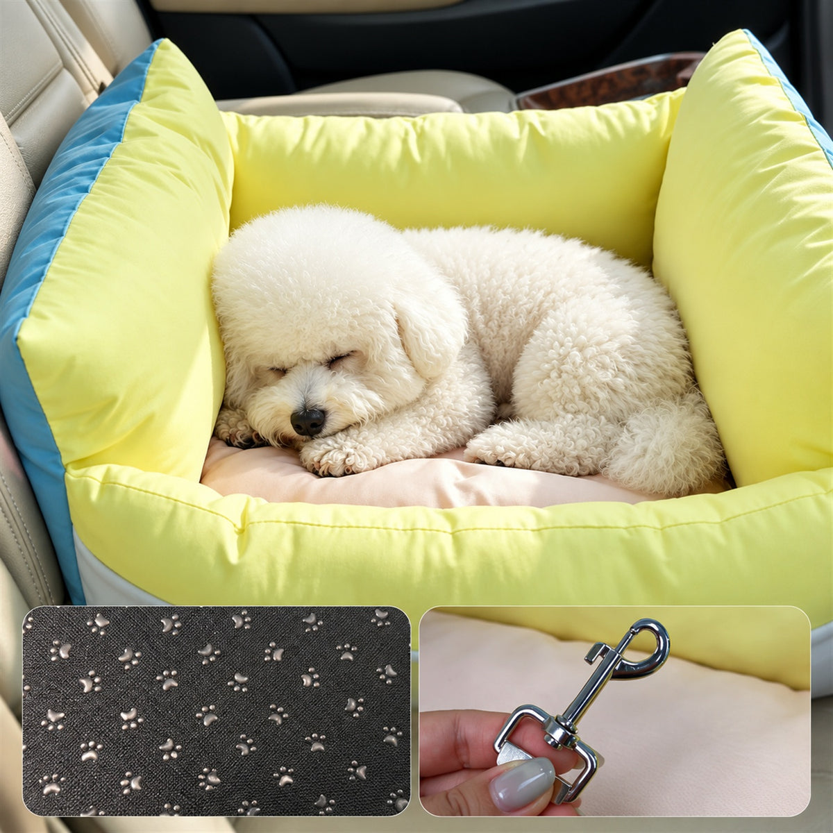 Pet Car Seat & Bed with Side Pockets & Washable Covers