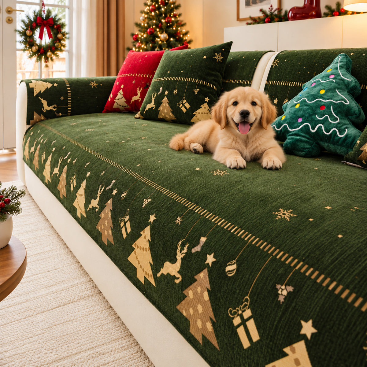 Christmas Sofa Cover | Scratch-Resistant Chenille | Non-Slip Backing