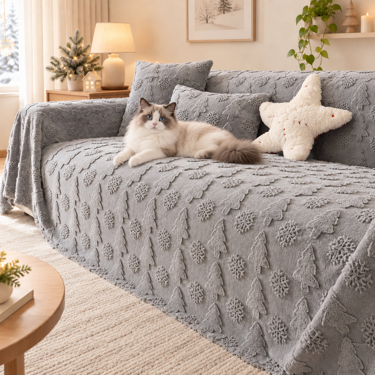 Christmas Sofa Cover | Plush Winter Sofa Throw with Raised Tree Pattern | Machine Washable