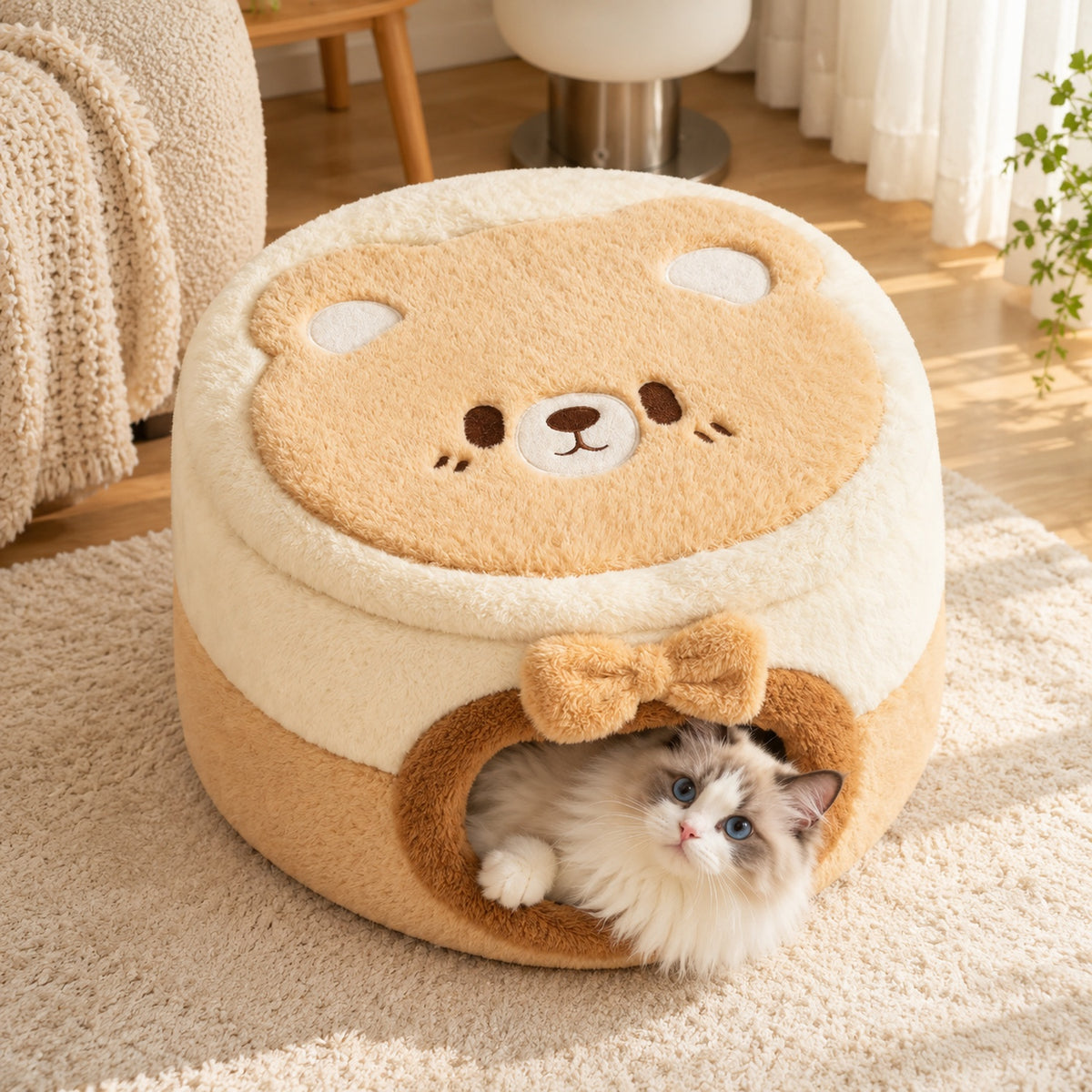 Cat Bed & Dog Bed | Convertible Plush Bear Cave for Winter