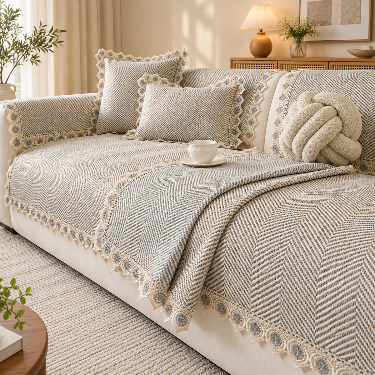Sofa Cover | Herringbone Cotton-Linen | Non-Slip Washable Protector