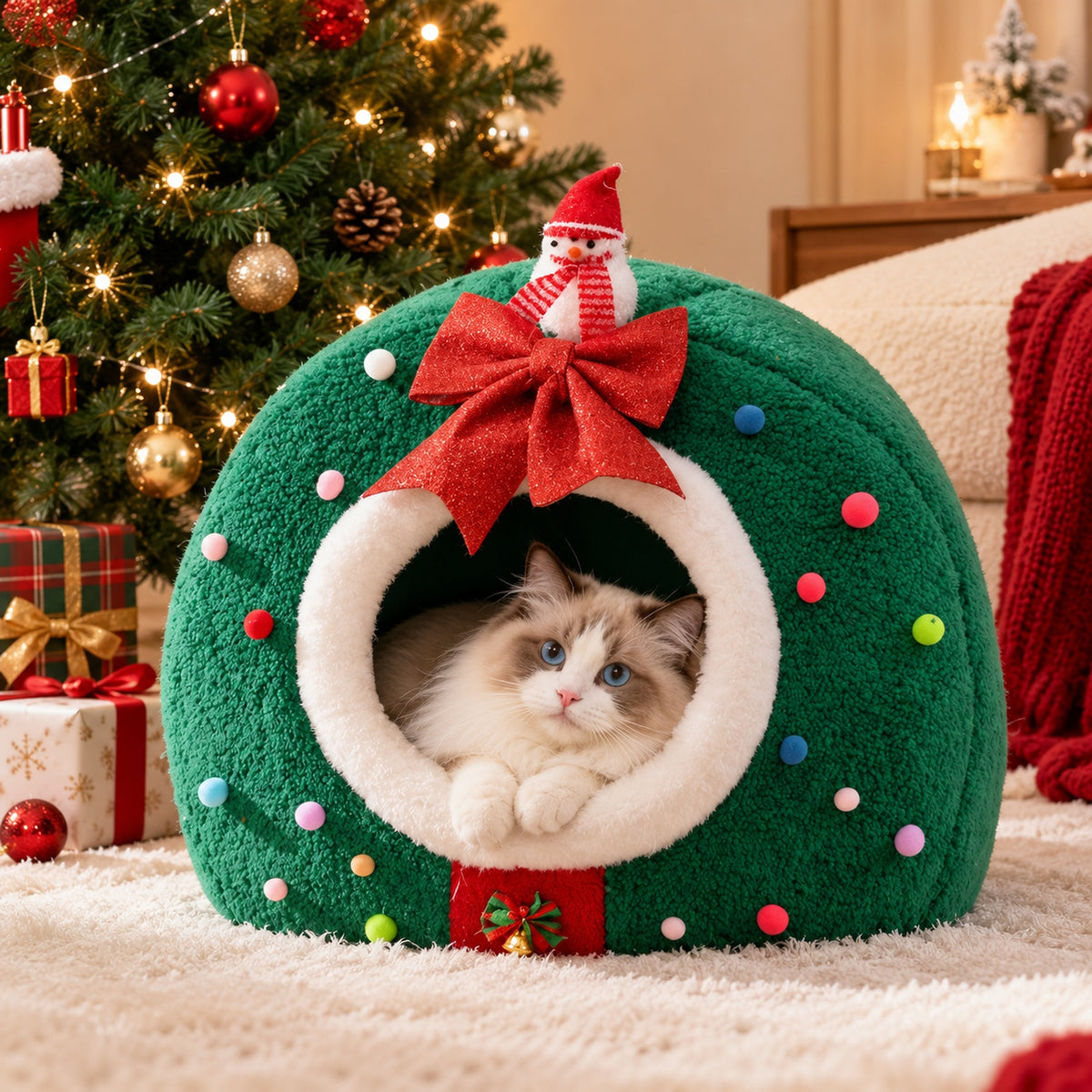 Christmas Dog Bed | Cosy Cave for Small Dog and Cat | Soft Fleece, Non-Slip Base