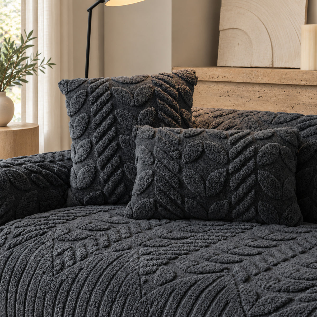 Leaf-Pattern Soft Fleece Sofa Cover | Non-Slip & Machine Washable