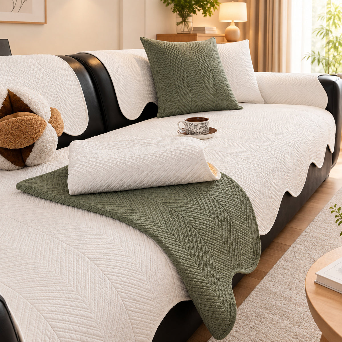Cotton Herringbone Sofa Cover | Non-Slip Sofa Protector | Machine Washable