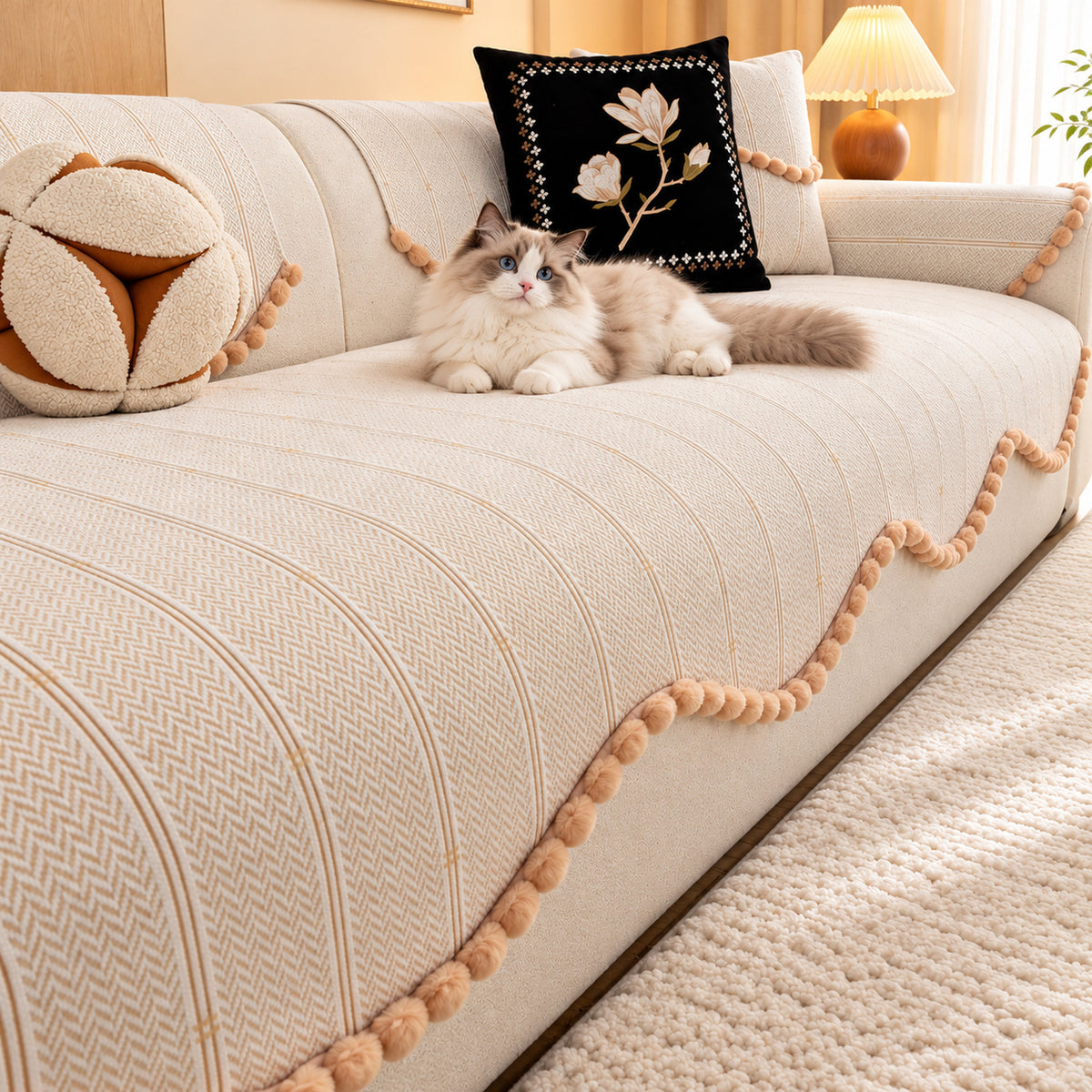 Chenille Sofa Cover with Pom-Pom Trim | Non-Slip & Machine Washable