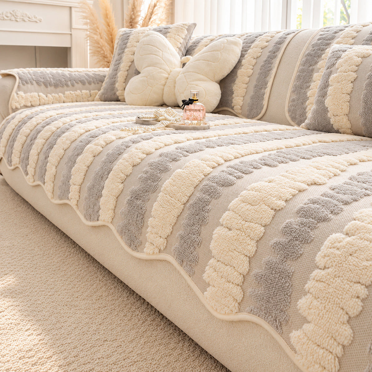 Plush Sofa Cover | Tufted Stripe Design | Non-Slip & Machine Washable